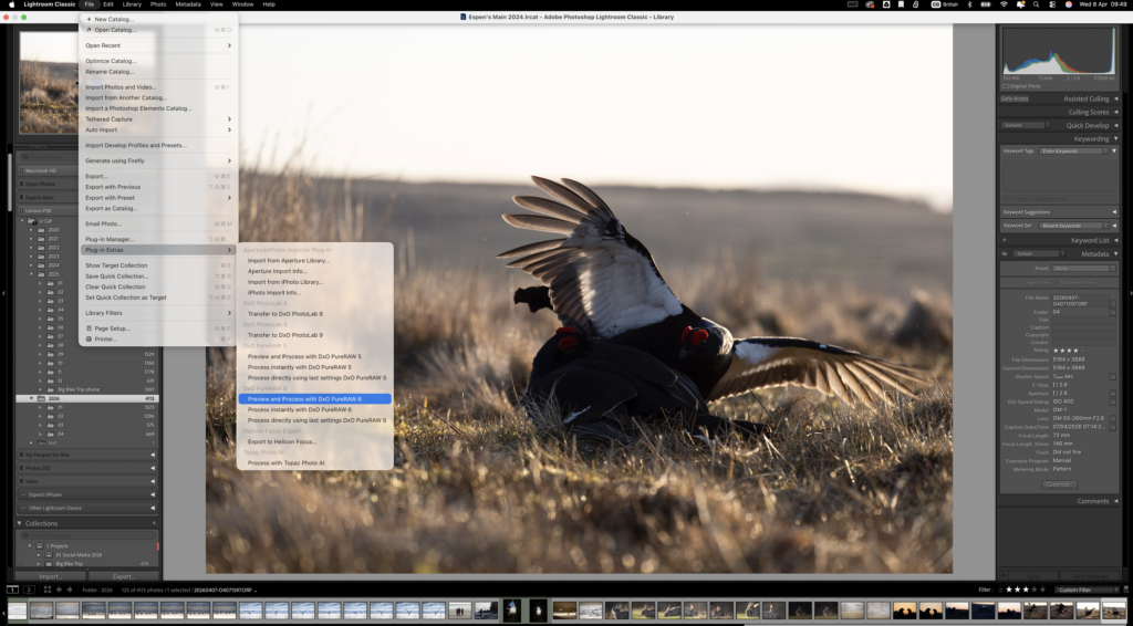 Screenshot of sending image from Lightroom to PureRAW 6 using the Plugin