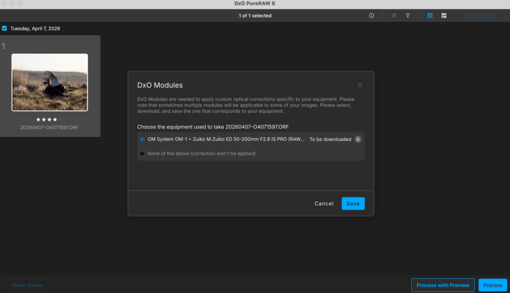 DxO will ask if you want to download a specific module for your gear