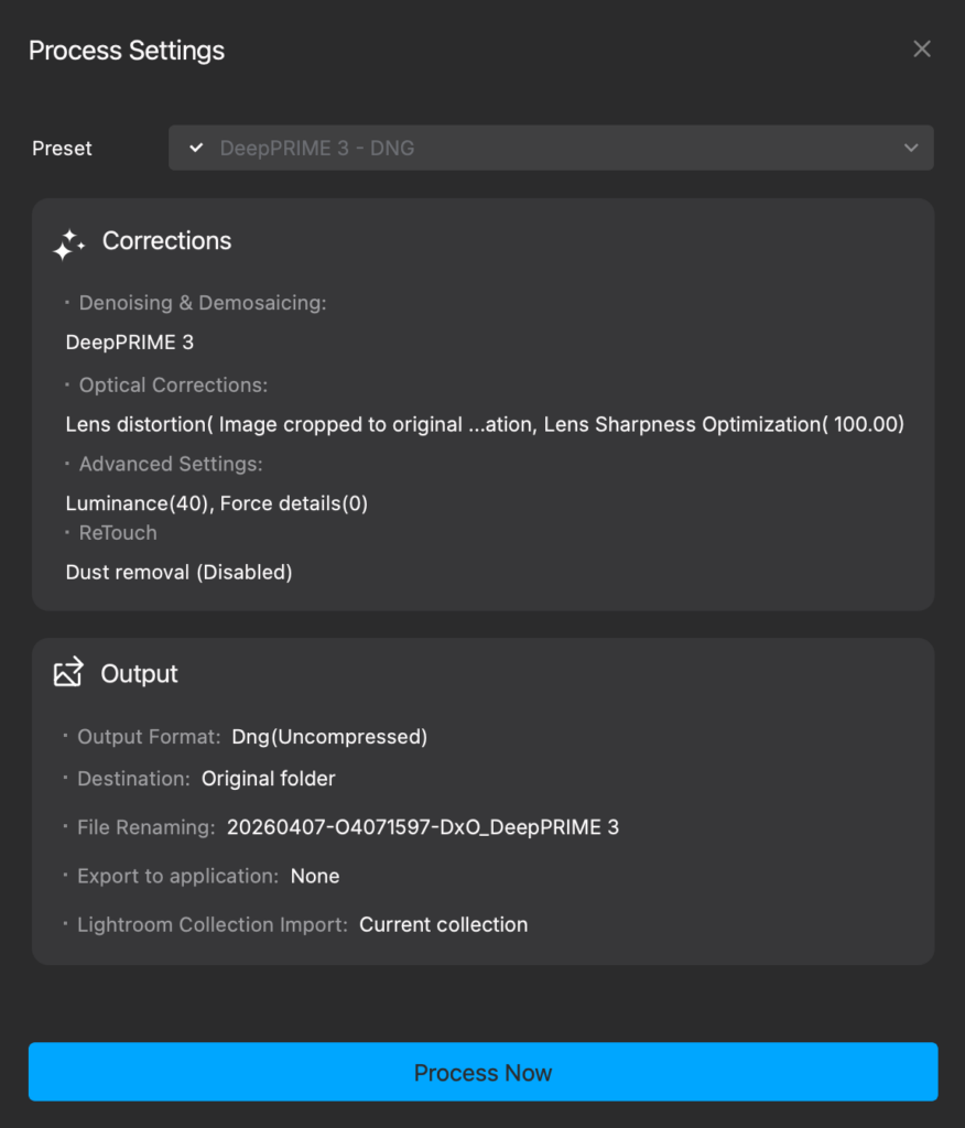 Screenshot of using the Lightroom Plugin to Instantly Process an image using PureRAW 6
