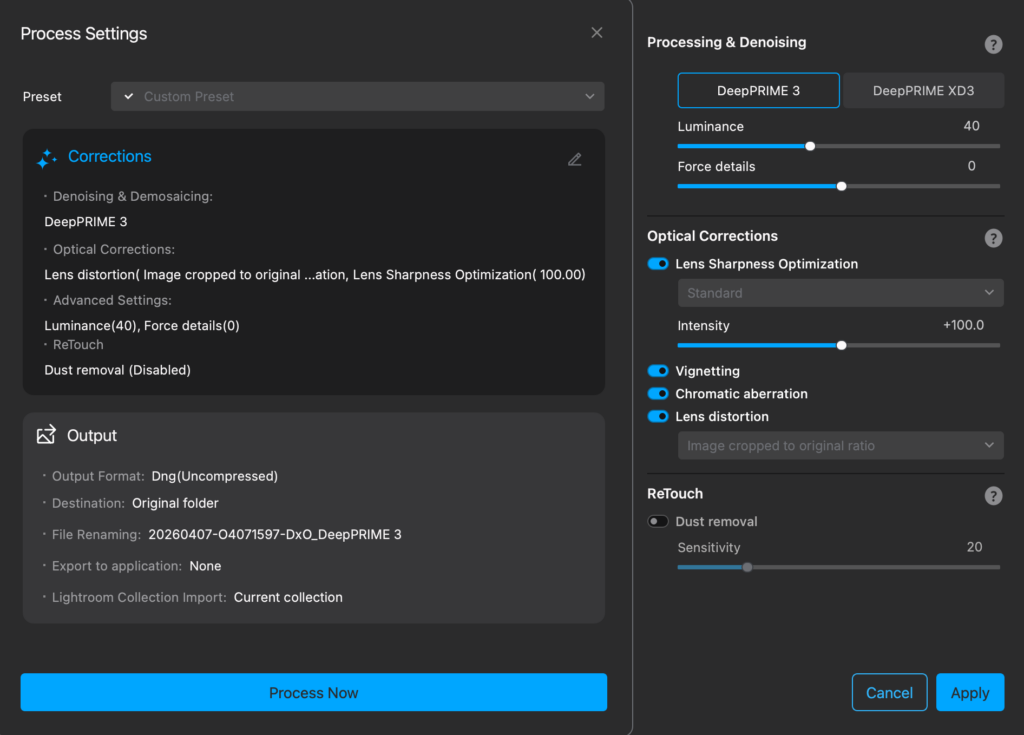 Screenshots of the Options for Instantly Process and Denoise an image with PureRAW 6 using the Plugin within Lightroom